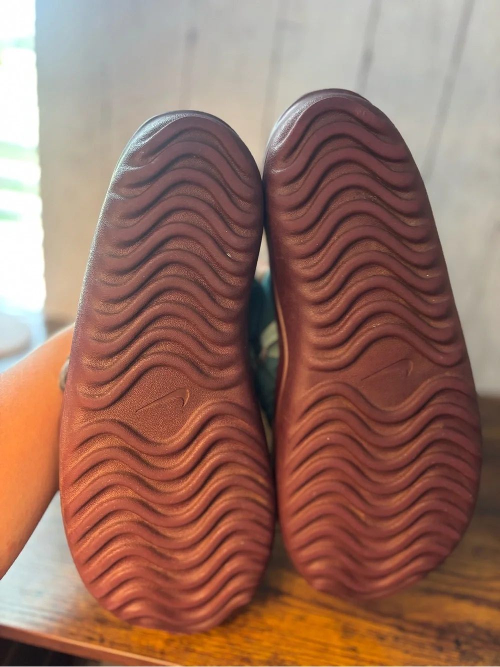 Nike Teal Quilted Slide Sandals with Burgundy Sole
